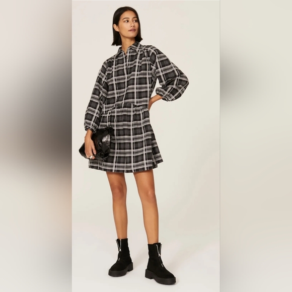 Club Monaco Dresses & Skirts - Club Monaco Shirt Dress Gray Black Plaid Puff Sleeve Mini Womens Medium Linen